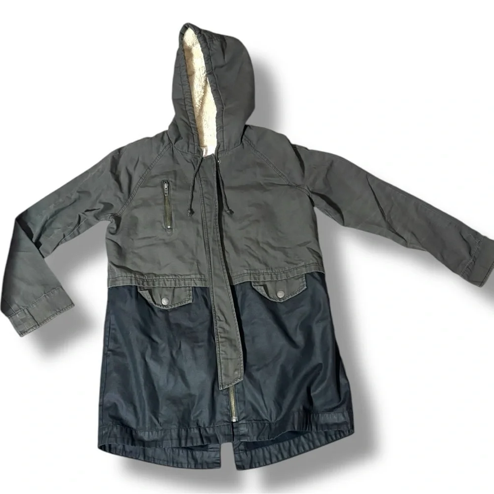 Sun & Shadow Hooded 2 Tone Faux Fur Lined Zip Up Canvas Army Fatigue Jacket - Picture 13 of 16